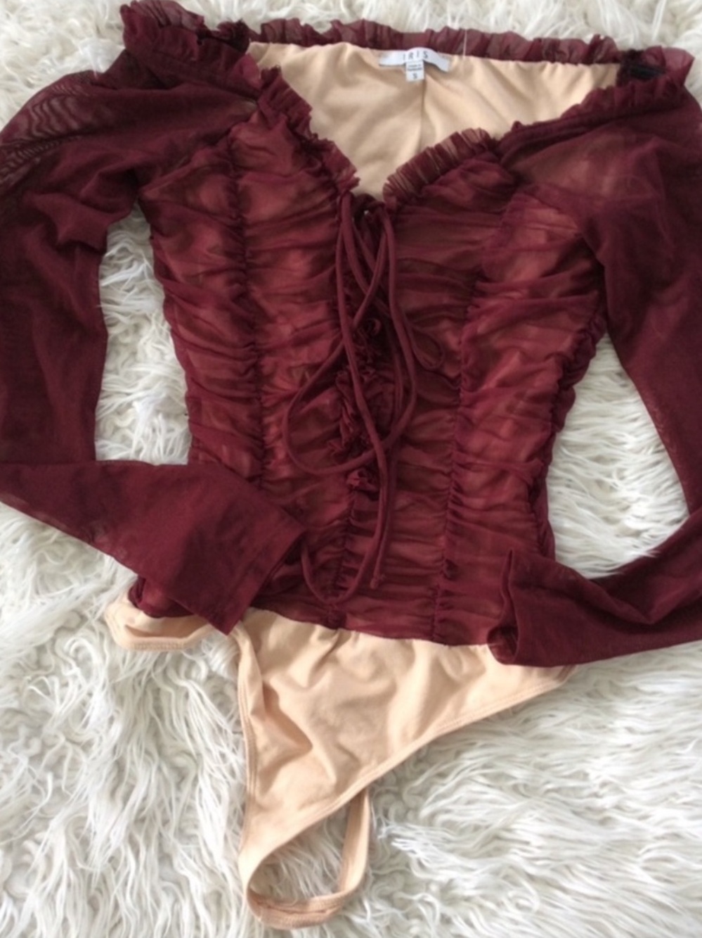 NWOT IRIS Ruched Lace-Up Mesh Bodysuit